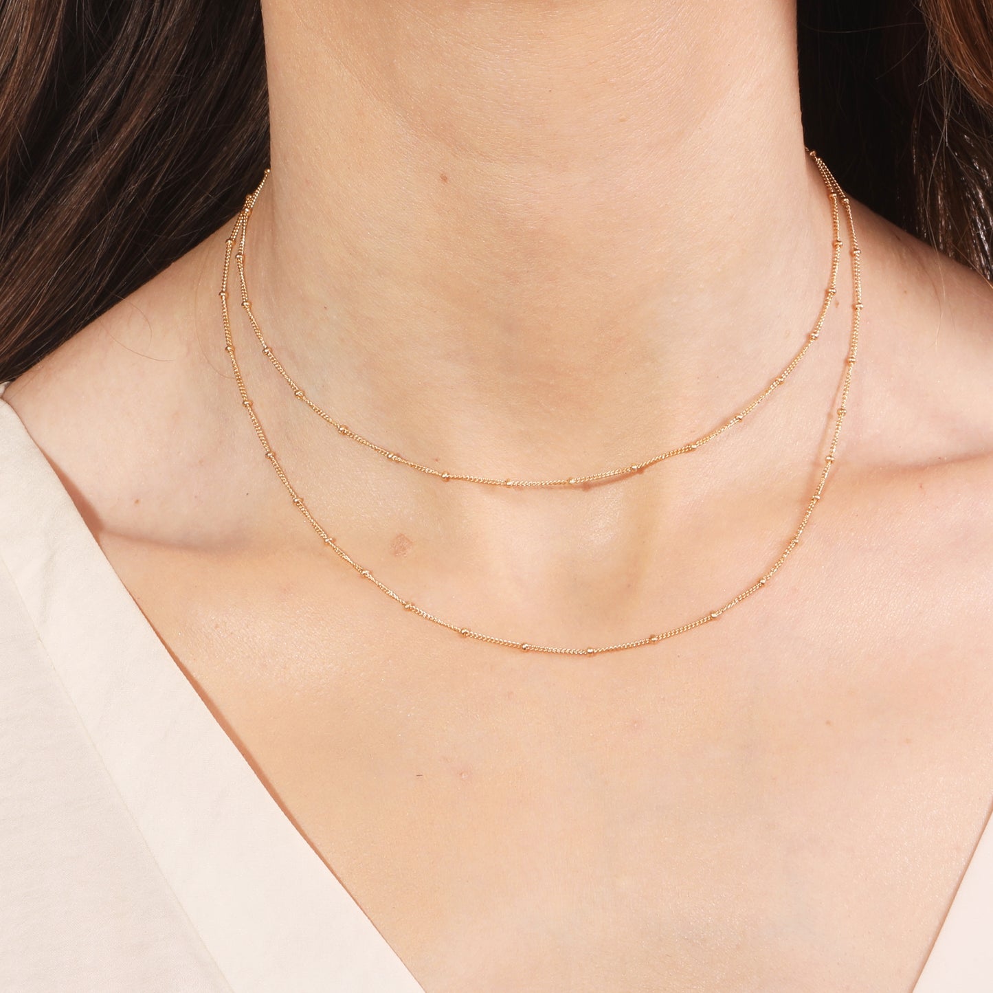 Dainty Double Chain Layered Necklace Women Choker Satellite Handmade Gold Jewelry 16"+extension