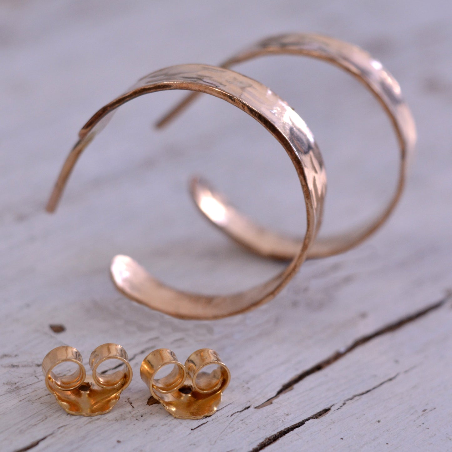 14k Gold Filled Open Hoop Earrings with post Hammered Wide 5mm Wrap Hoops for Women