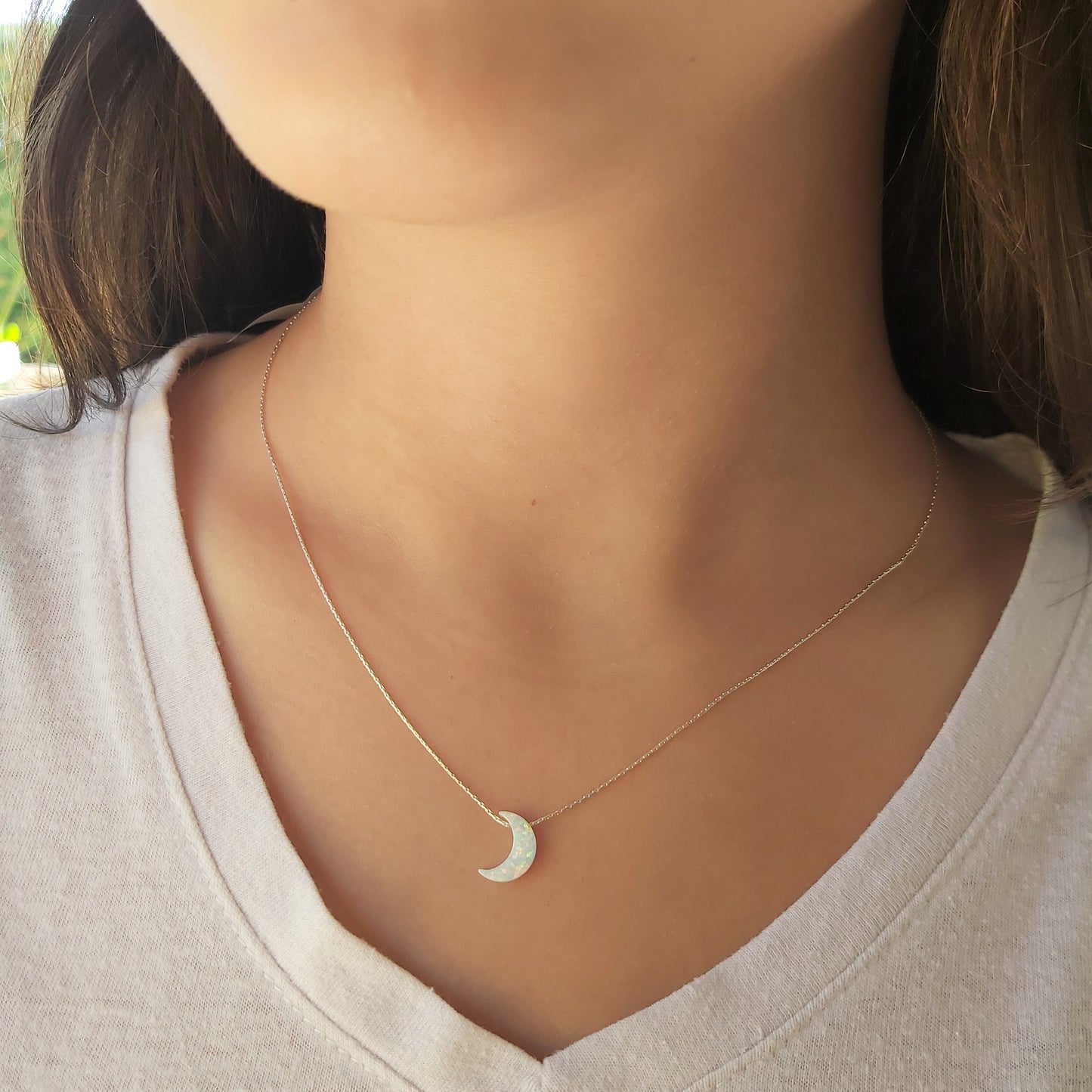 White Moon Opal Necklace Gold Filled 925 Sterling Silver Crescent Moon Pendant