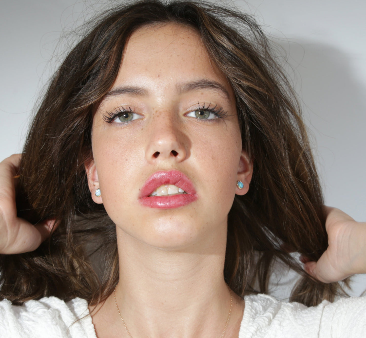 Gold Stud Earrings white opal gemstone 14k