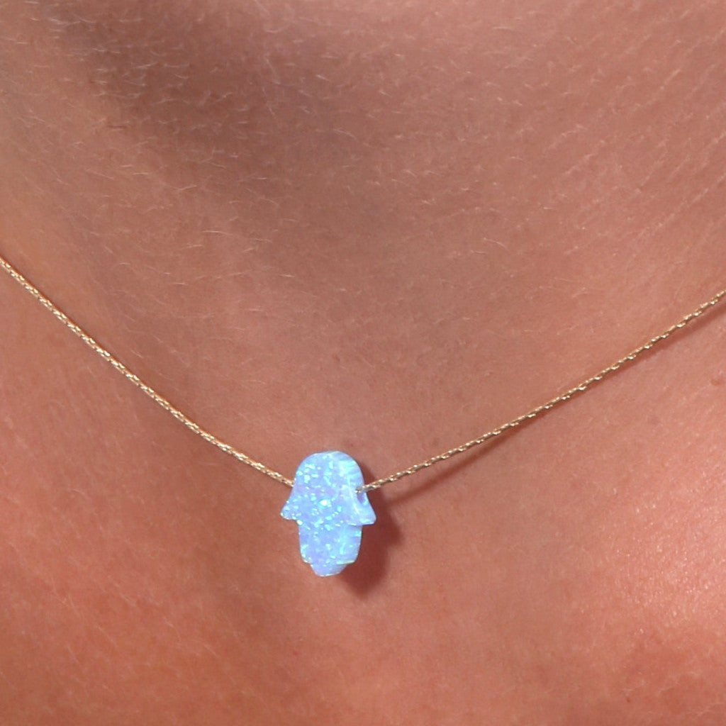Rose gold filled opal turquoise Hamsa necklace