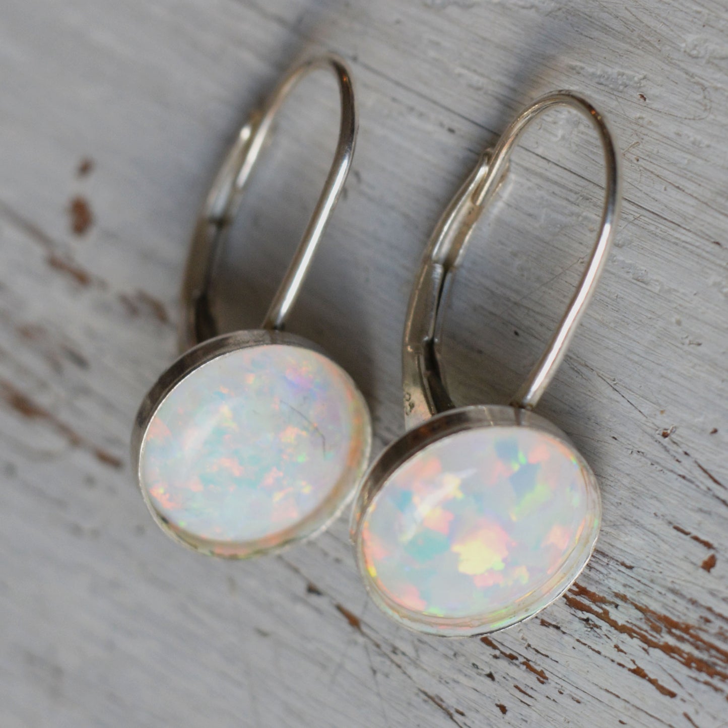 White Opal Dangle Earring Round-Cut 8 mm Sterling Silver Leverback Earrings