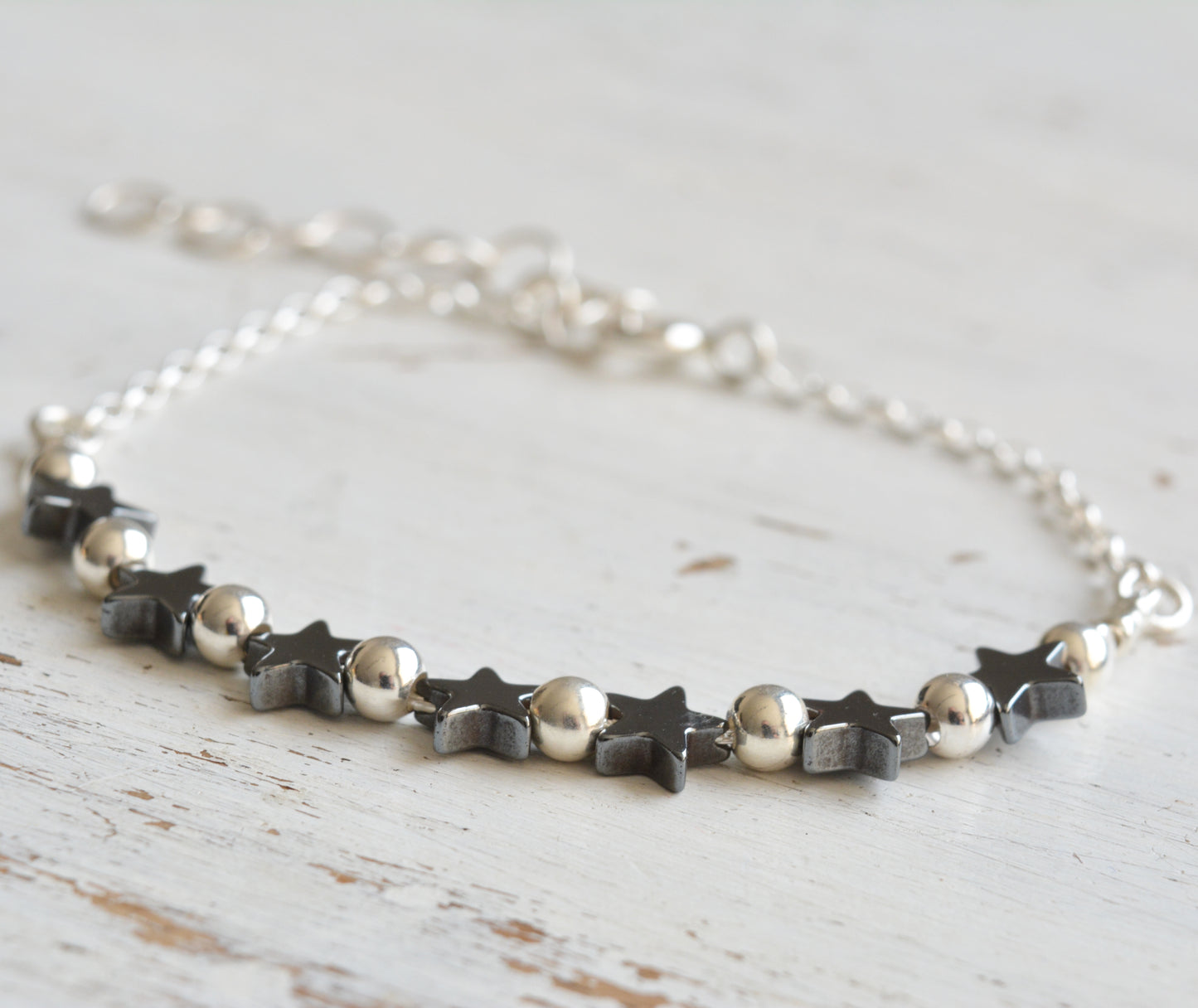Hematite Star Bracelet Sterling silver Bead Length 6 inches + extension