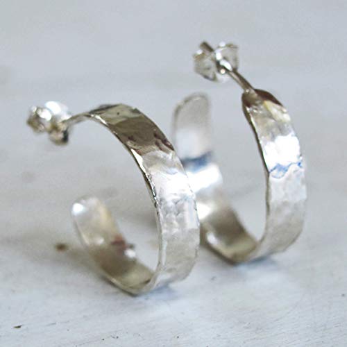 Open Hoop Earrings with post Sterling Silver Hammered Wide 5mm Wrap Hoops for Women