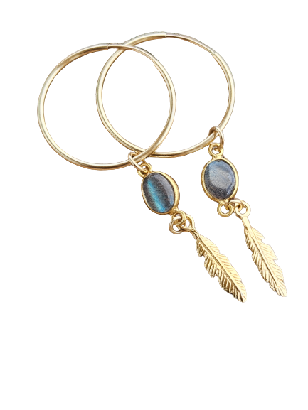 Gold Feather Labradorite Hoops