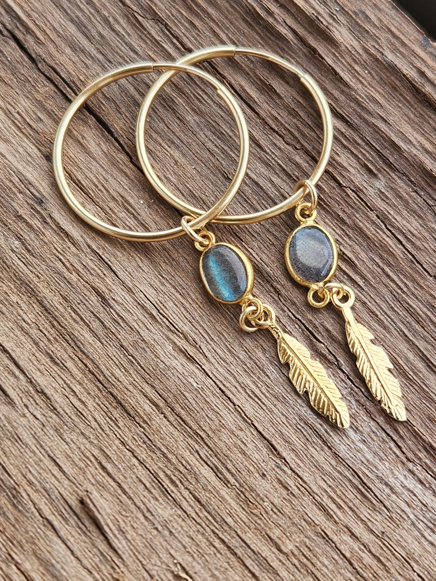 Gold Feather Labradorite Hoops