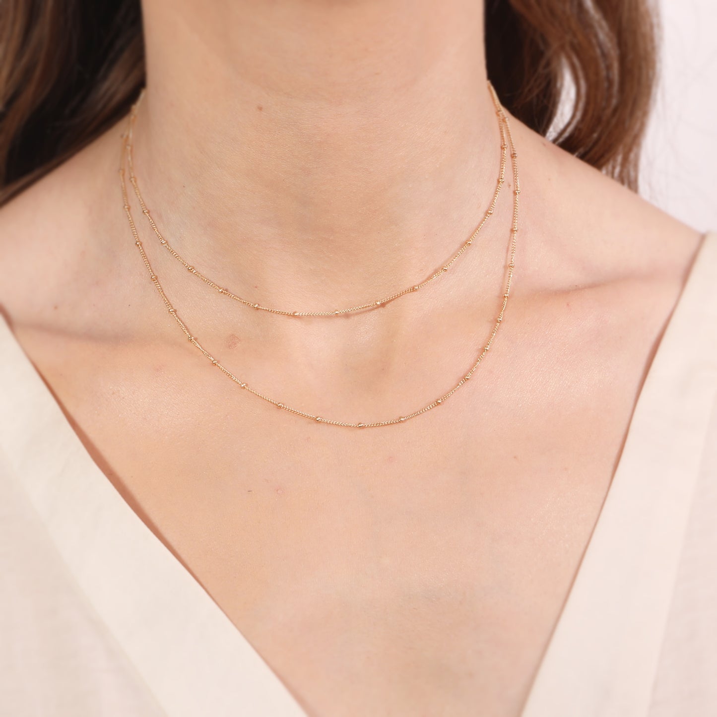Dainty Double Chain Layered Necklace Women Choker Satellite Handmade Gold Jewelry 16"+extension
