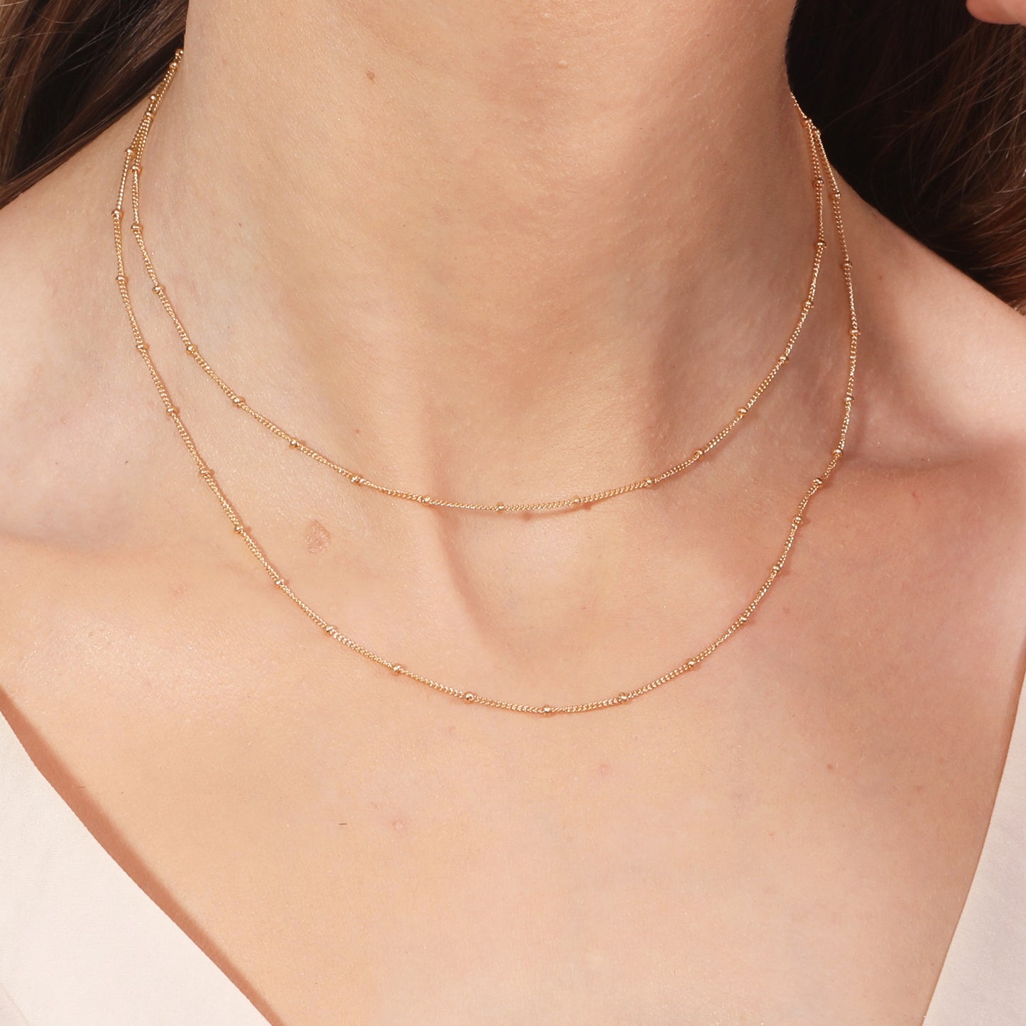 Dainty Double Chain Layered Necklace Women Choker Satellite Handmade Gold Jewelry 16"+extension