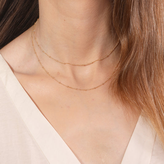 Dainty Double Chain Layered Necklace Women Choker Satellite Handmade Gold Jewelry 16"+extension