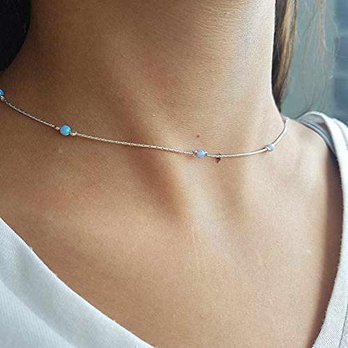 Sterling Silver 3mm Created Opal Beads Choker Necklace for Women Girls