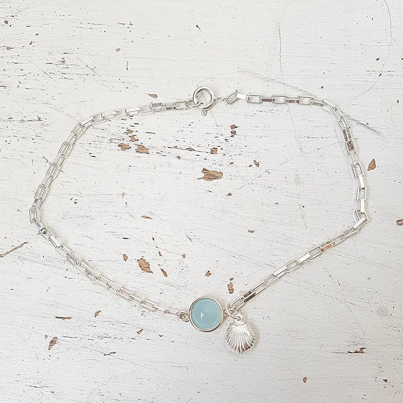 Sterling Silver Aquamarine and Shell Anklet