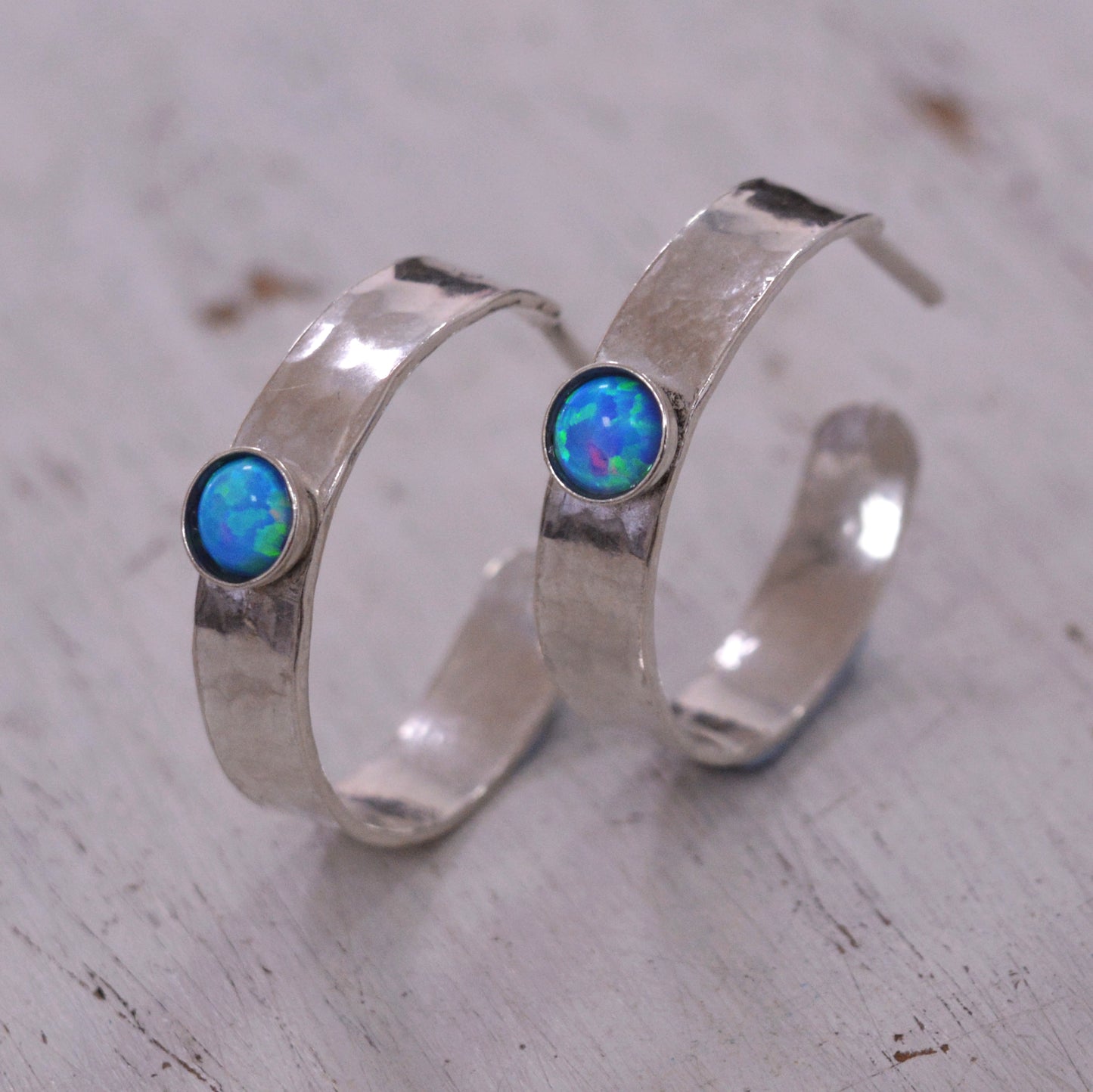 Open Hoop Earrings 4mm Blue Opal 925 Sterling Silver Hammered Hoops for women