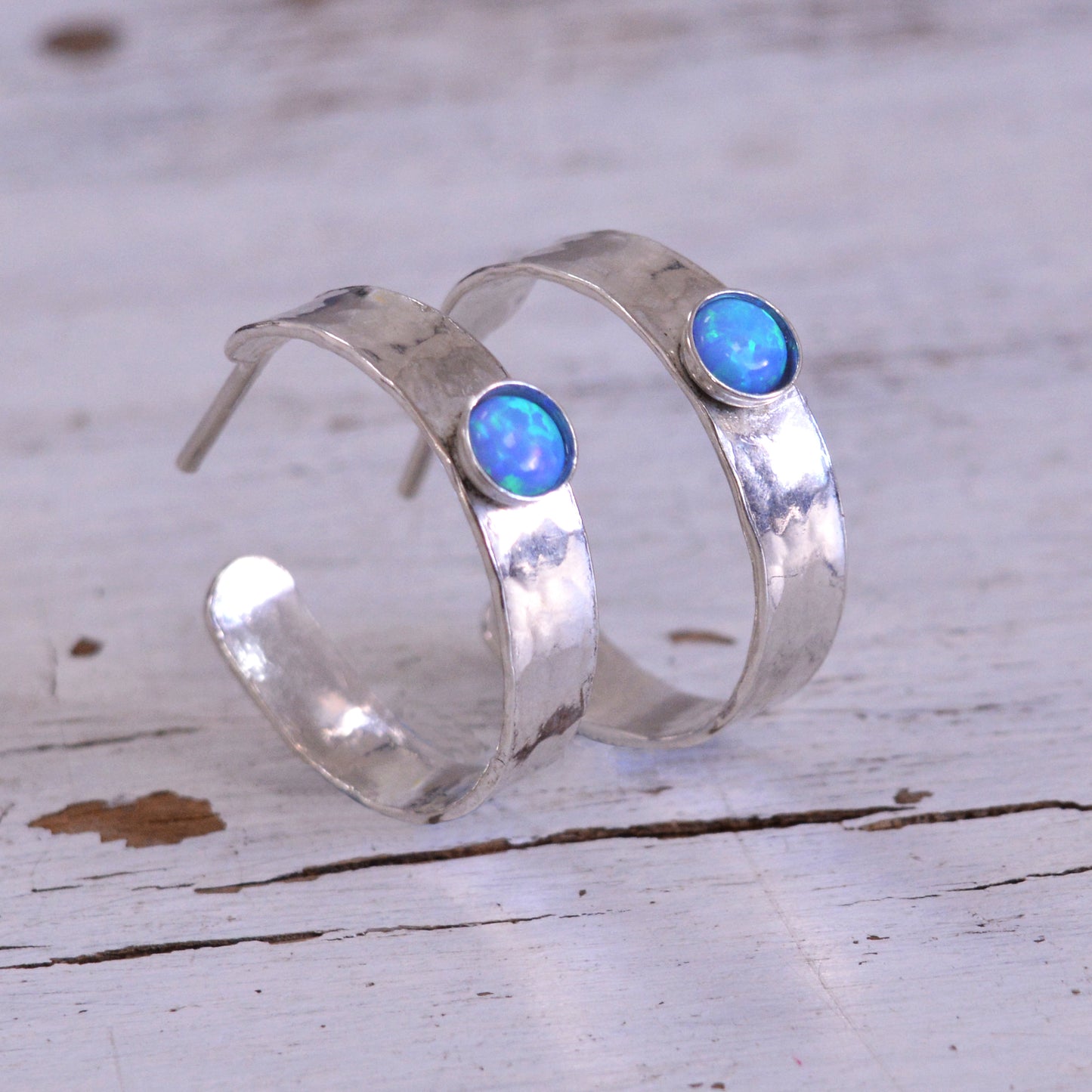 Open Hoop Earrings 4mm Blue Opal 925 Sterling Silver Hammered Hoops for women