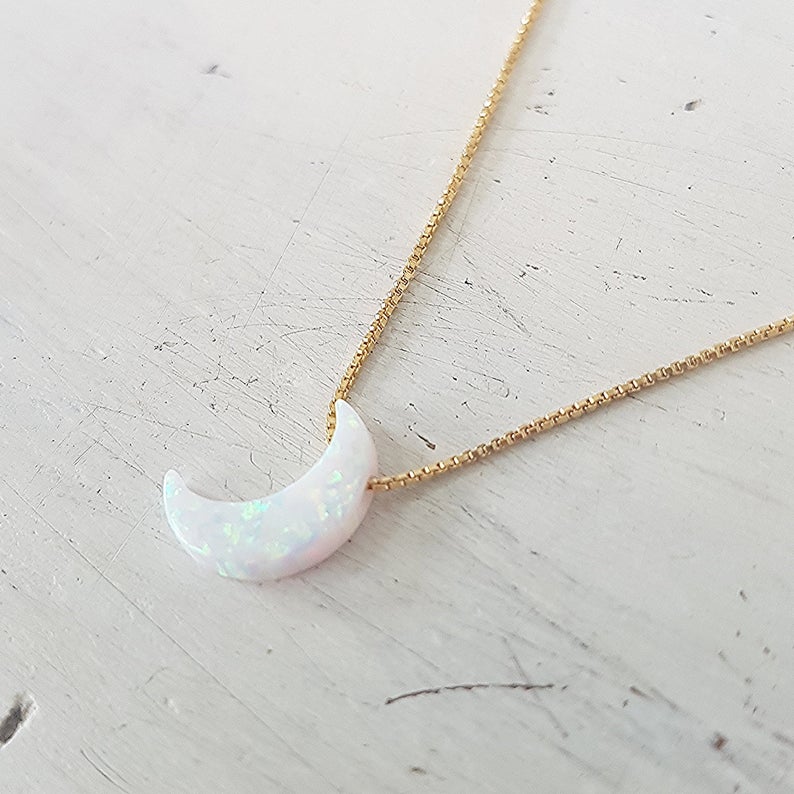 White Moon Opal Necklace Gold Filled 925 Sterling Silver Crescent Moon Pendant