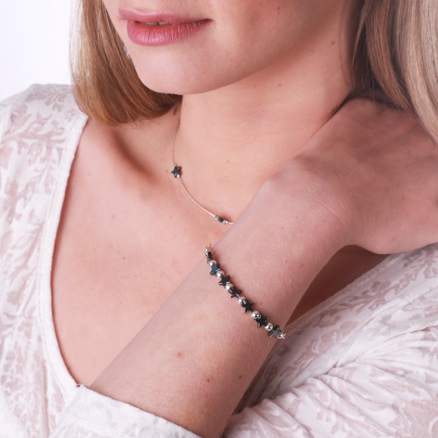 Hematite Star Bracelet Sterling silver Bead Length 6 inches + extension