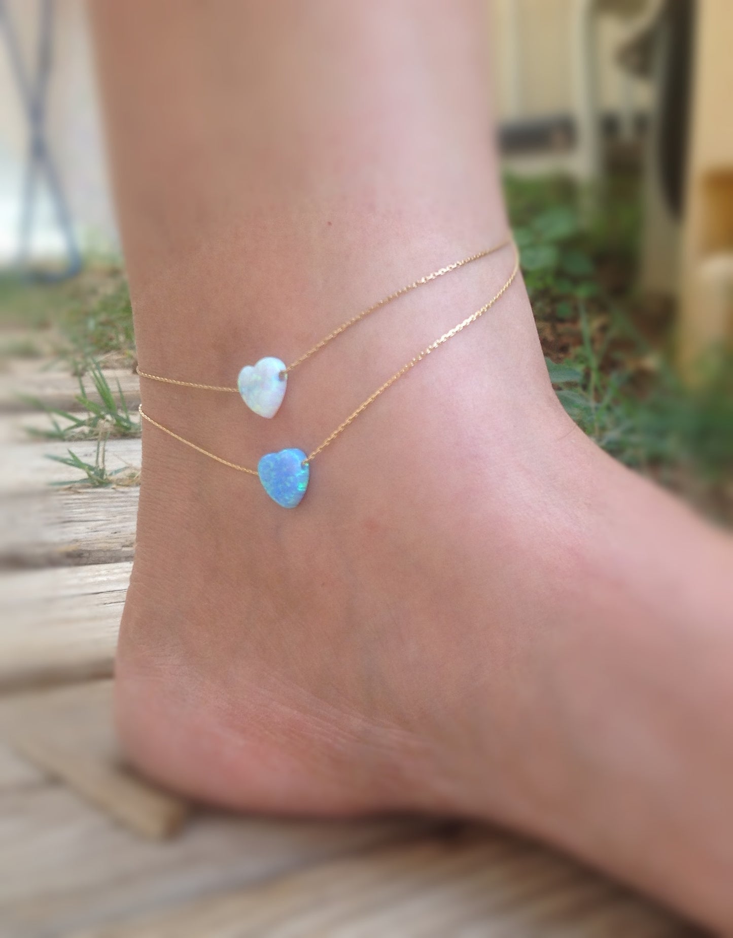 Gold blue Opal Heart Anklet