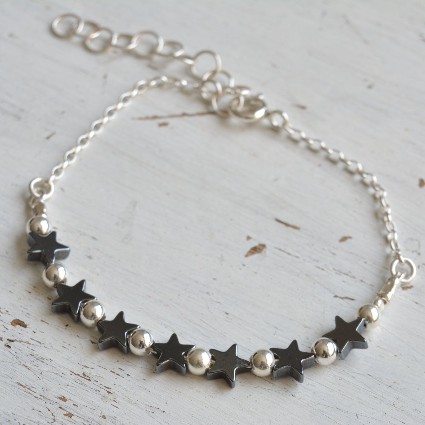 Hematite Star Bracelet Sterling silver Bead Length 6 inches + extension