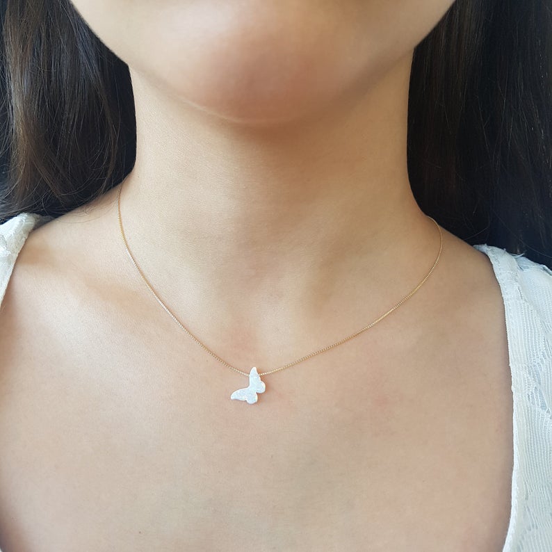 White Opal Butterfly Necklace For Women Girl