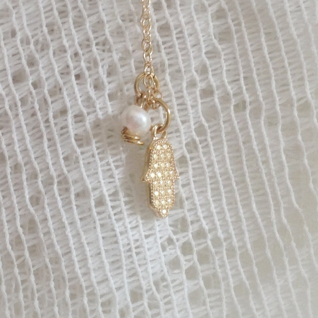 Hamsa charm pearl necklace