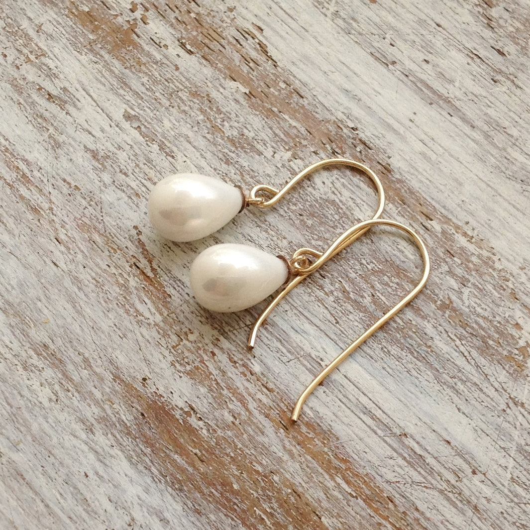 White teardrop pearl Dangle Gold Earrings