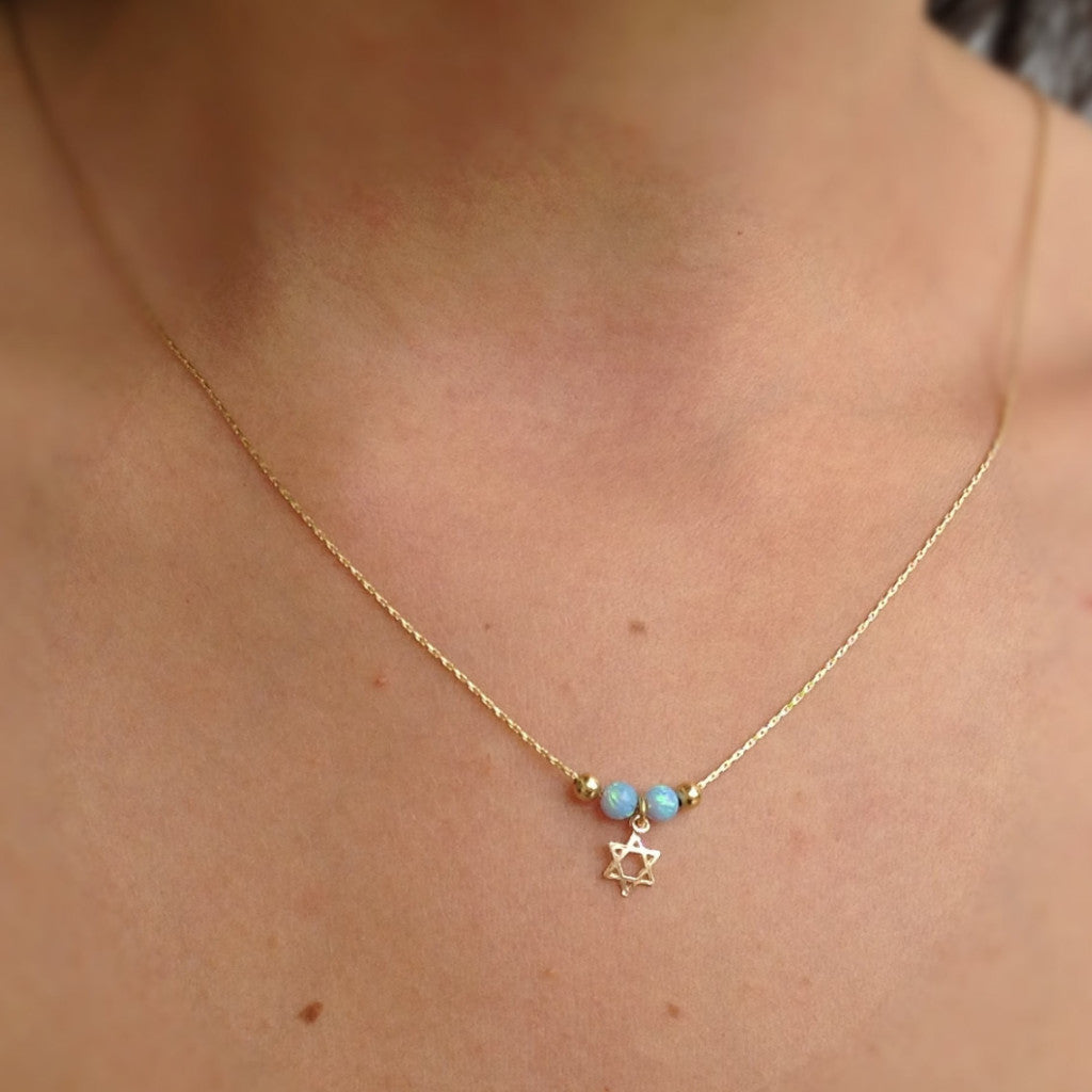 Star of David charm gold blue opal beads gold filled necklace