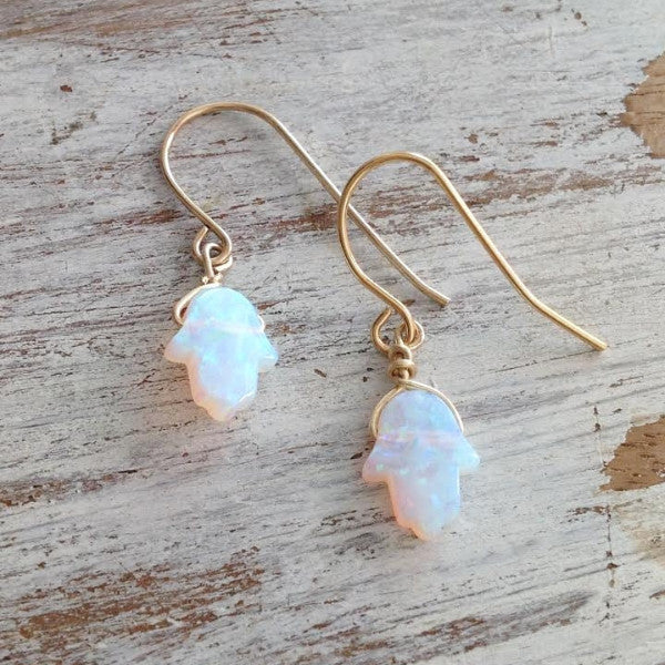 White Opal Hamsa Dangle Earrings