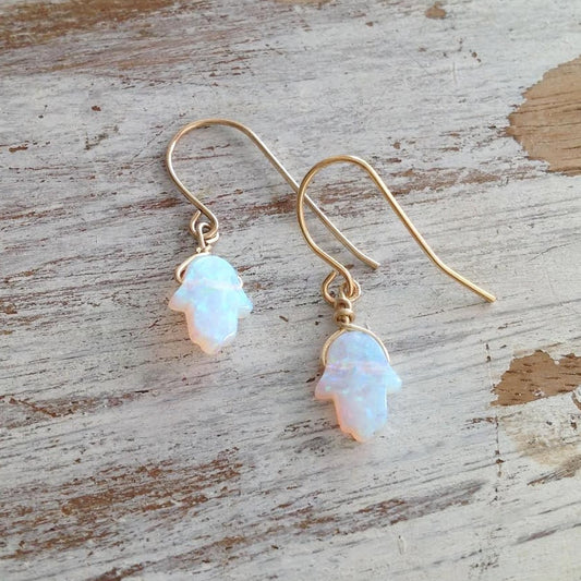 White Opal Hamsa Dangle Earrings