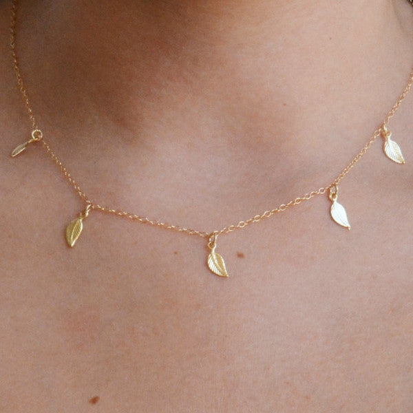 Gold Leaf Necklace Tiny Leaf Charms Statement Necklace