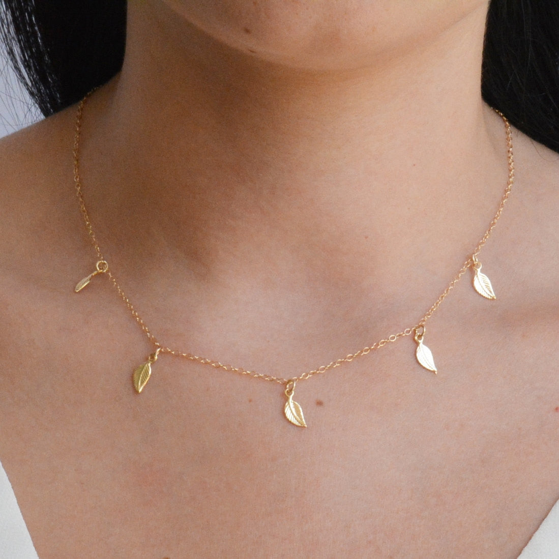 Gold Leaf Necklace Tiny Leaf Charms Statement Necklace