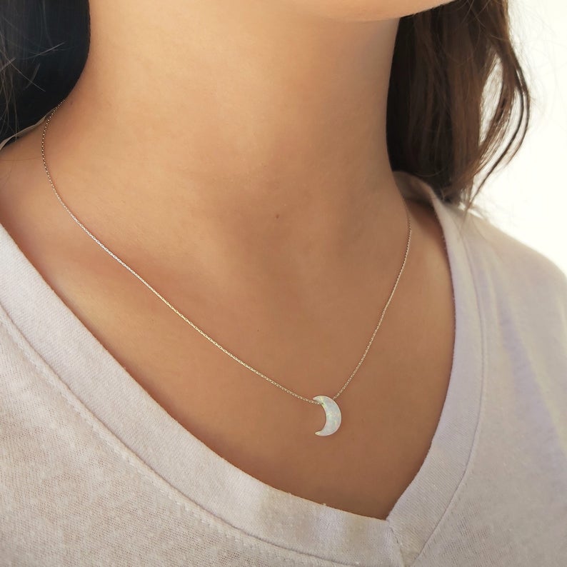 White Moon Opal Necklace Gold Filled 925 Sterling Silver Crescent Moon Pendant