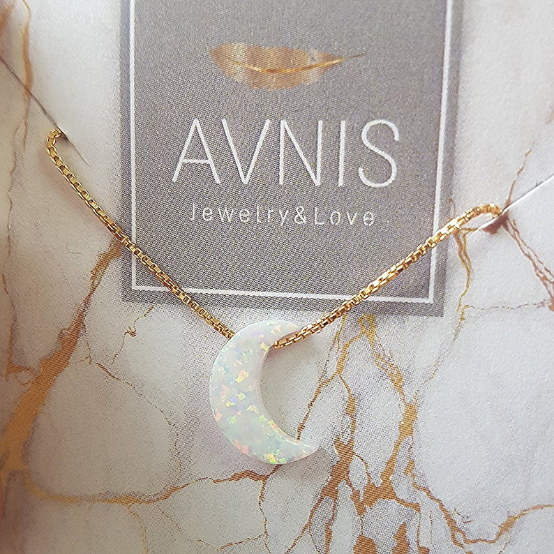 White Moon Opal Necklace Gold Filled 925 Sterling Silver Crescent Moon Pendant