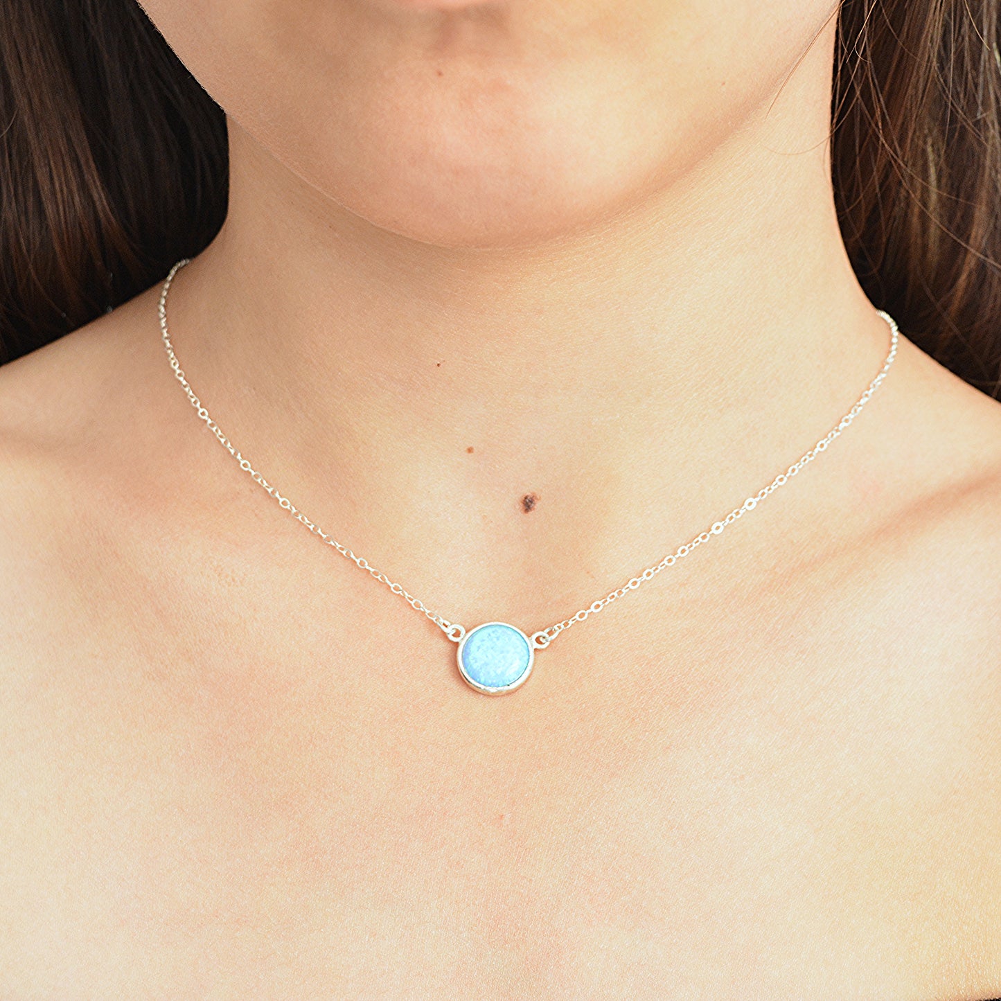 Blue Opal Pendant Necklace Sterling Silver Gemstone Circle 10mm Opal Pendant