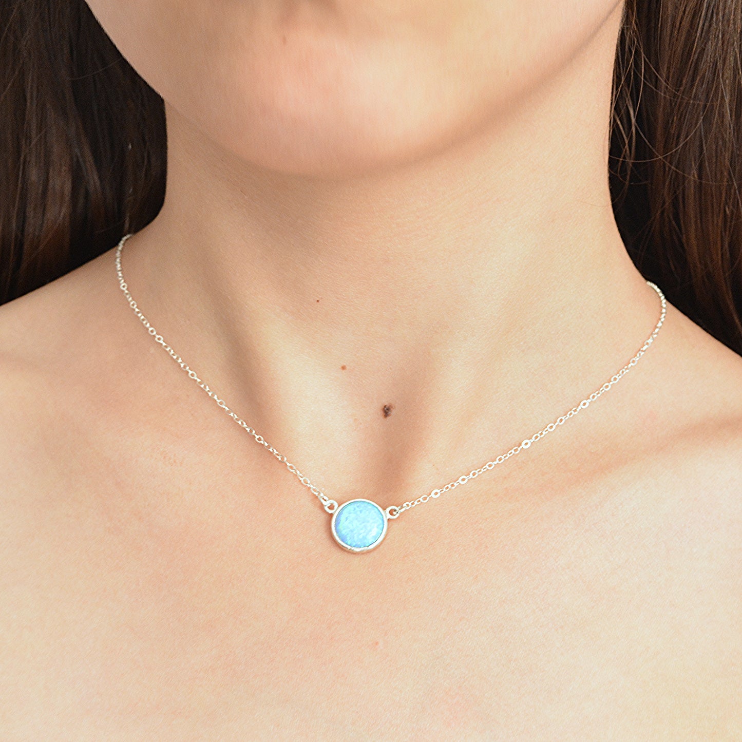 Blue Opal Pendant Necklace Sterling Silver Gemstone Circle 10mm Opal Pendant