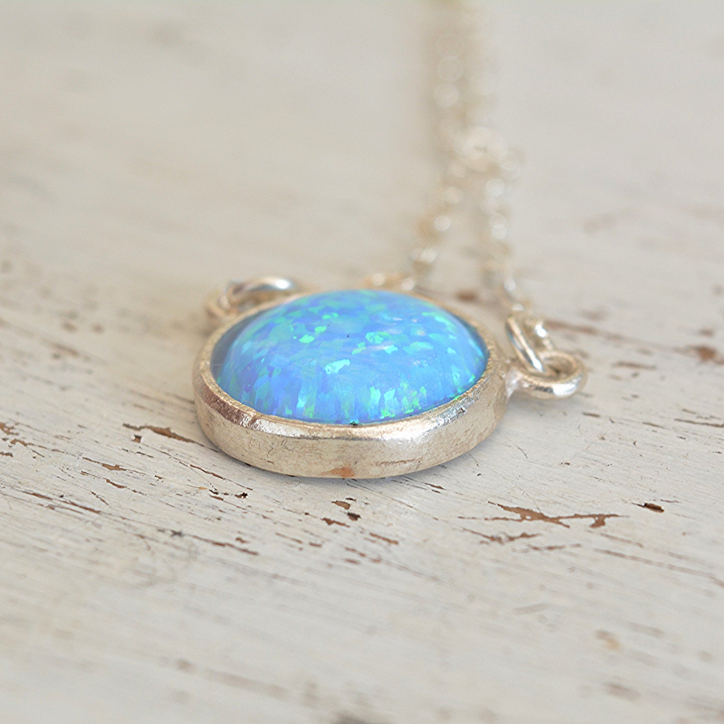 Blue Opal Pendant Necklace Sterling Silver Gemstone Circle 10mm Opal Pendant
