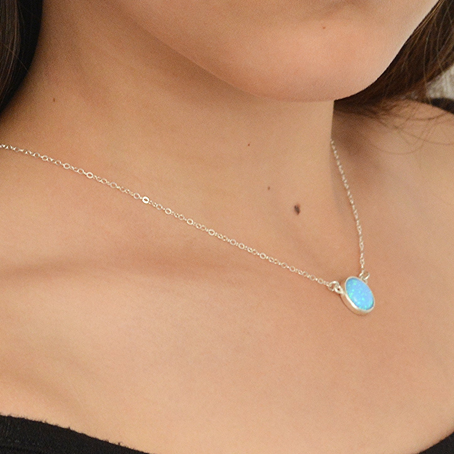 Blue Opal Pendant Necklace Sterling Silver Gemstone Circle 10mm Opal Pendant